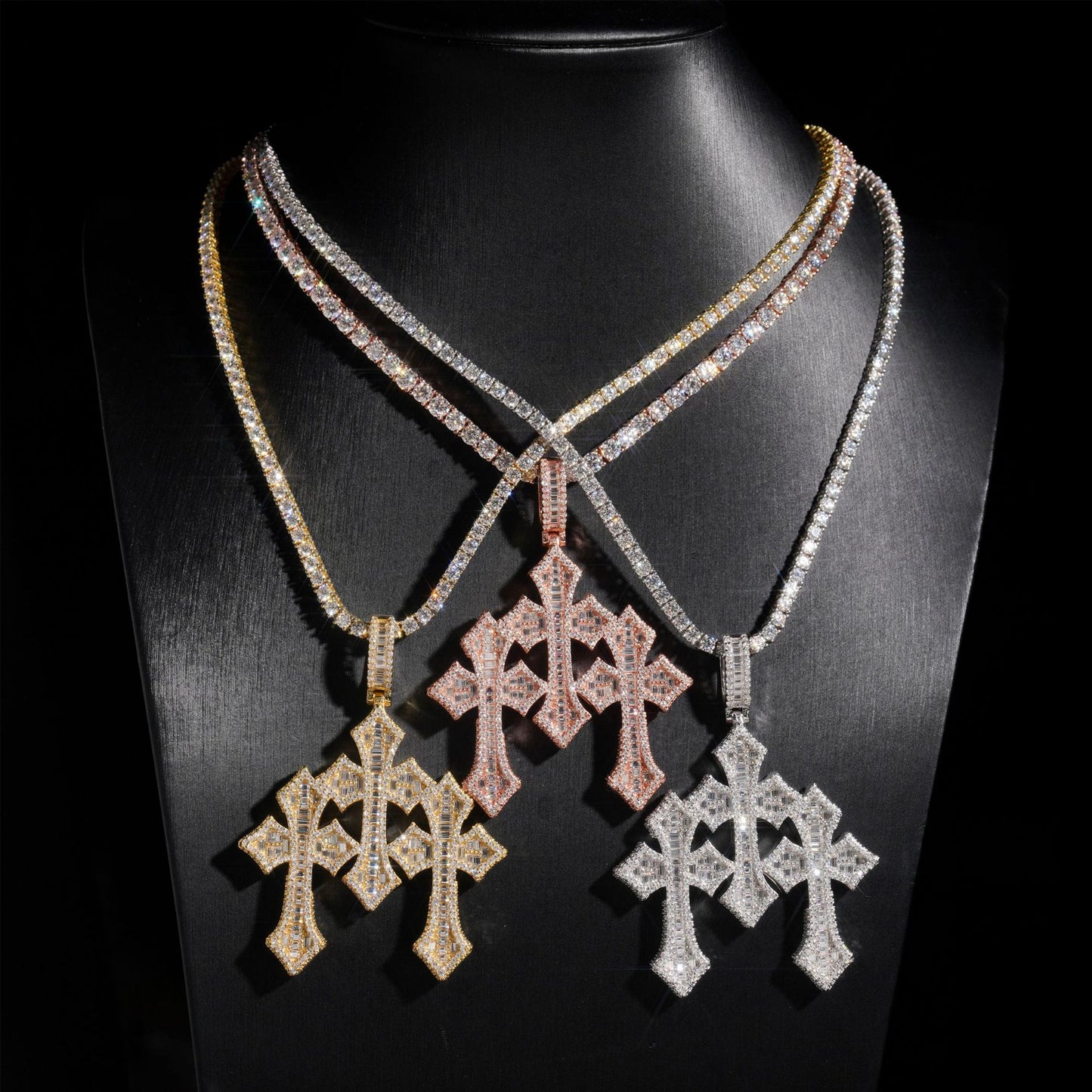 VVS Moissanite Baguette Triple Cross Pendant