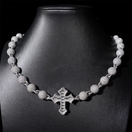 VVS MOISSANITE 10MM ICED BALL CHAIN WITH CROSS
