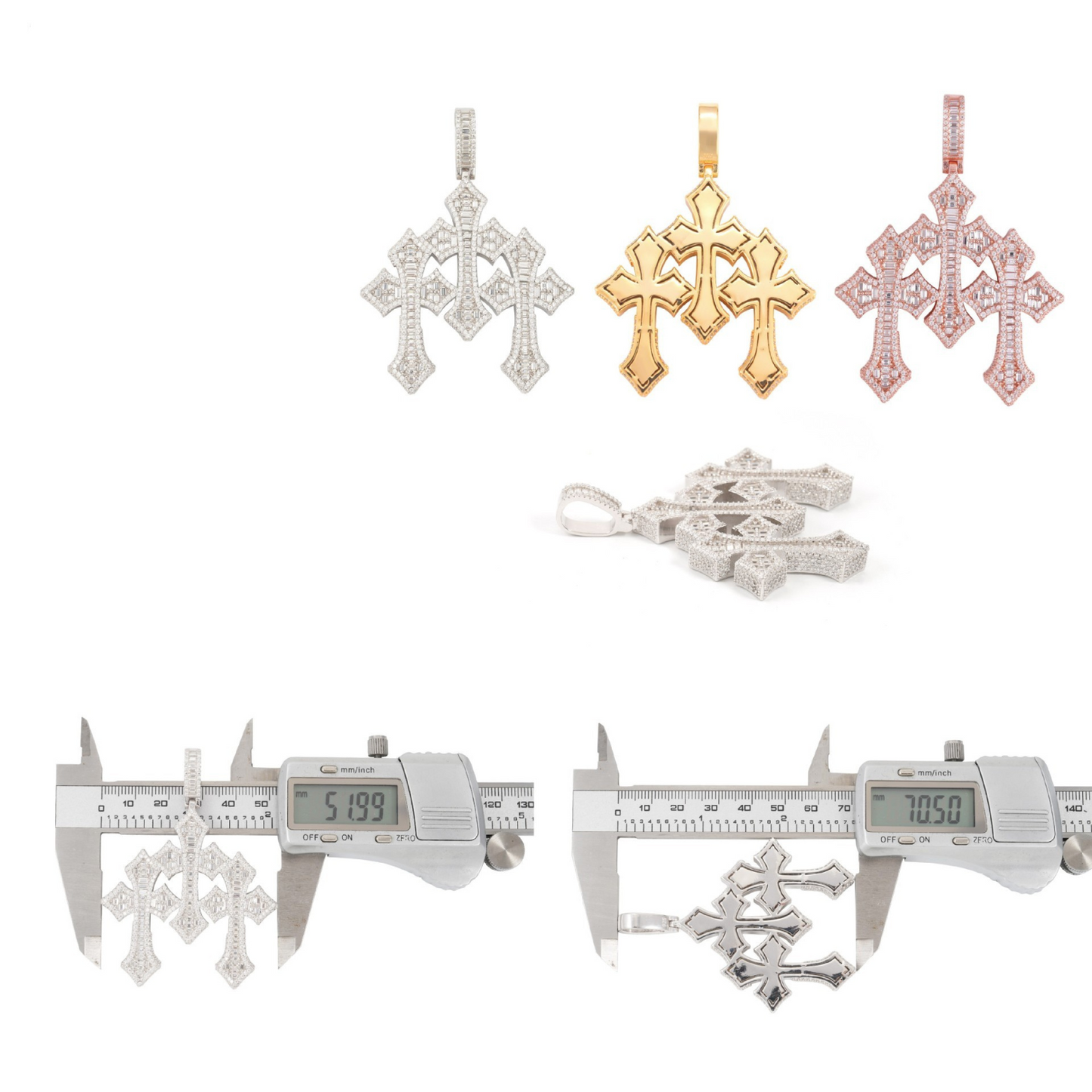 VVS Moissanite Baguette Triple Cross Pendant