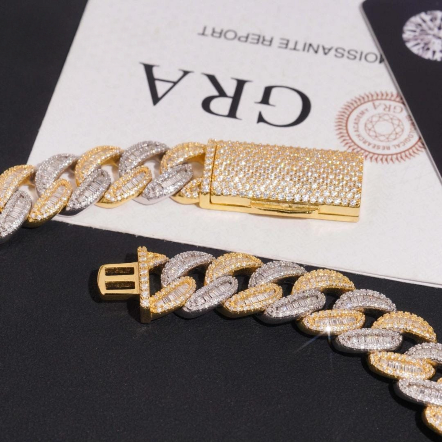 VVS MOISSANITE 15MM BAGUETTE TWO-TONE CUBAN CHAIN/BRACELET