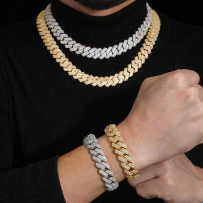 CZ 15MM Cuban Link Chain/Bracelet  18K Gold Plated