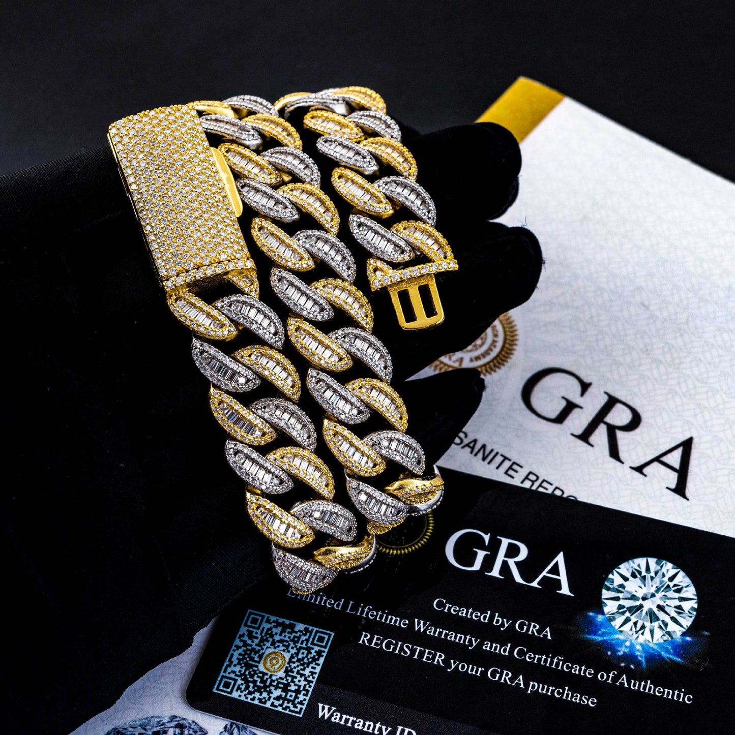VVS MOISSANITE 15MM BAGUETTE TWO-TONE CUBAN CHAIN/BRACELET