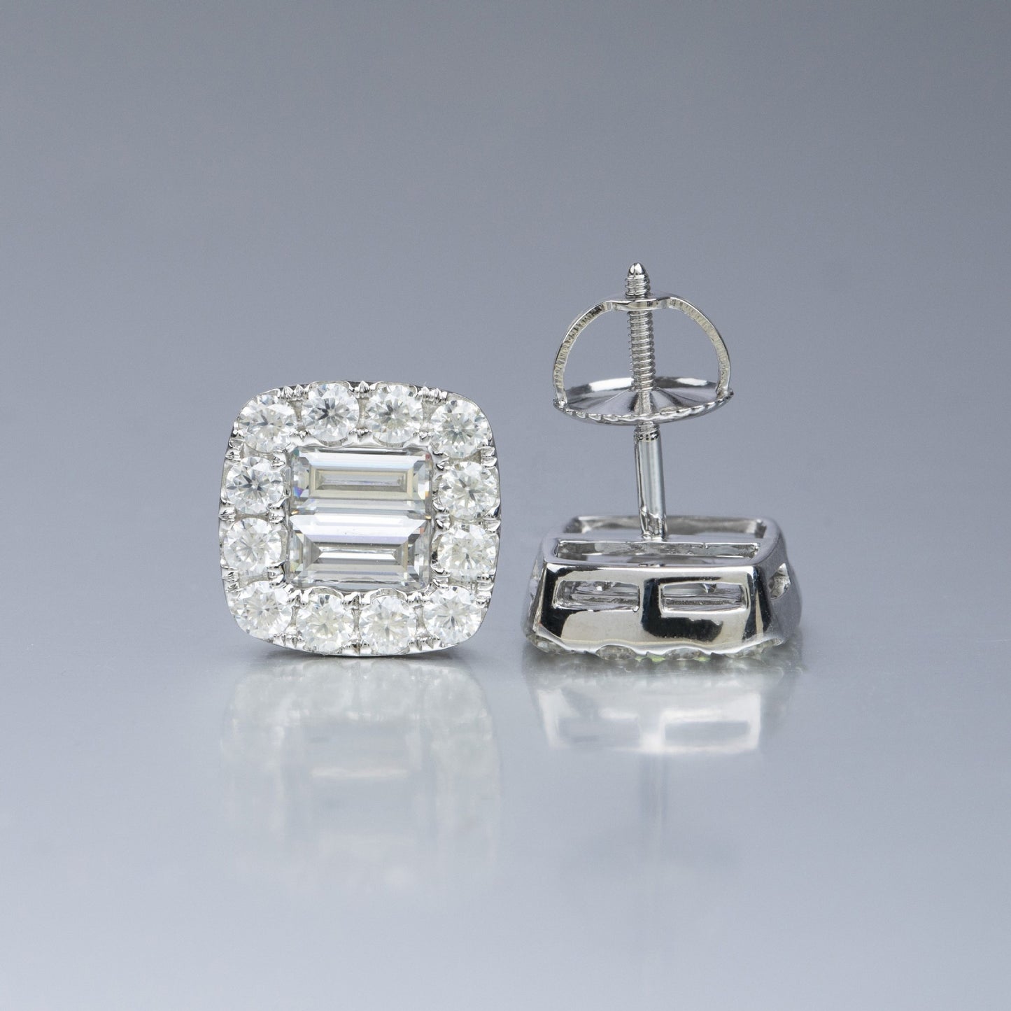 VVS Moissanite baguette Cut Halo Stud Earrings