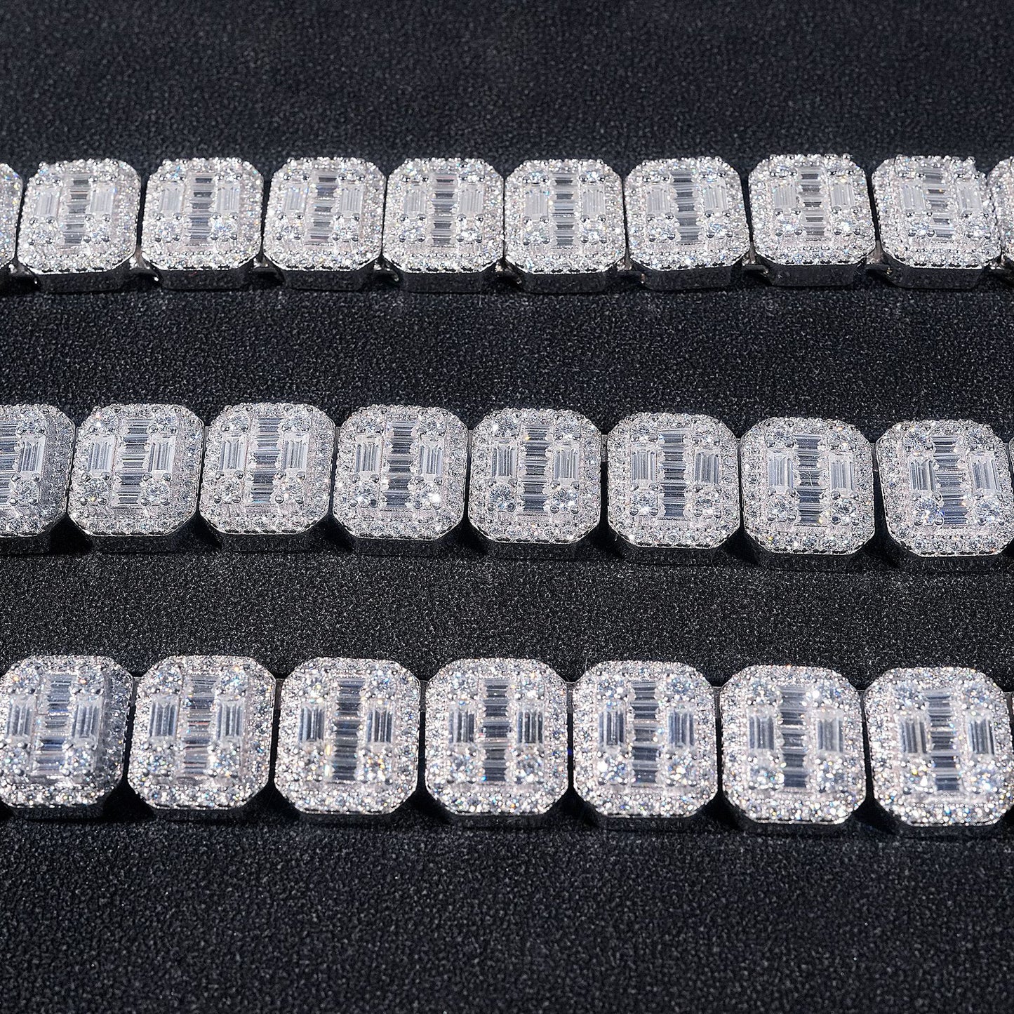 VVS MOISSANITE 13MM BAGUETTE CLUSTER CHAIN/BRACELET