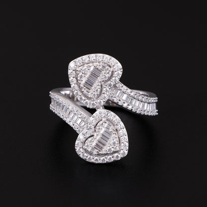 VVS Moissaniteb Baguette Heart-Ended Bypass Ring