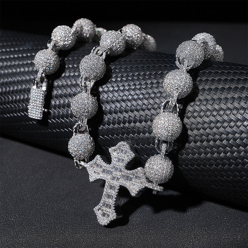 VVS MOISSANITE 10MM ICED BALL CHAIN WITH CROSS