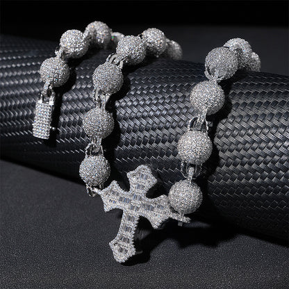 VVS MOISSANITE 10MM ICED BALL CHAIN WITH CROSS