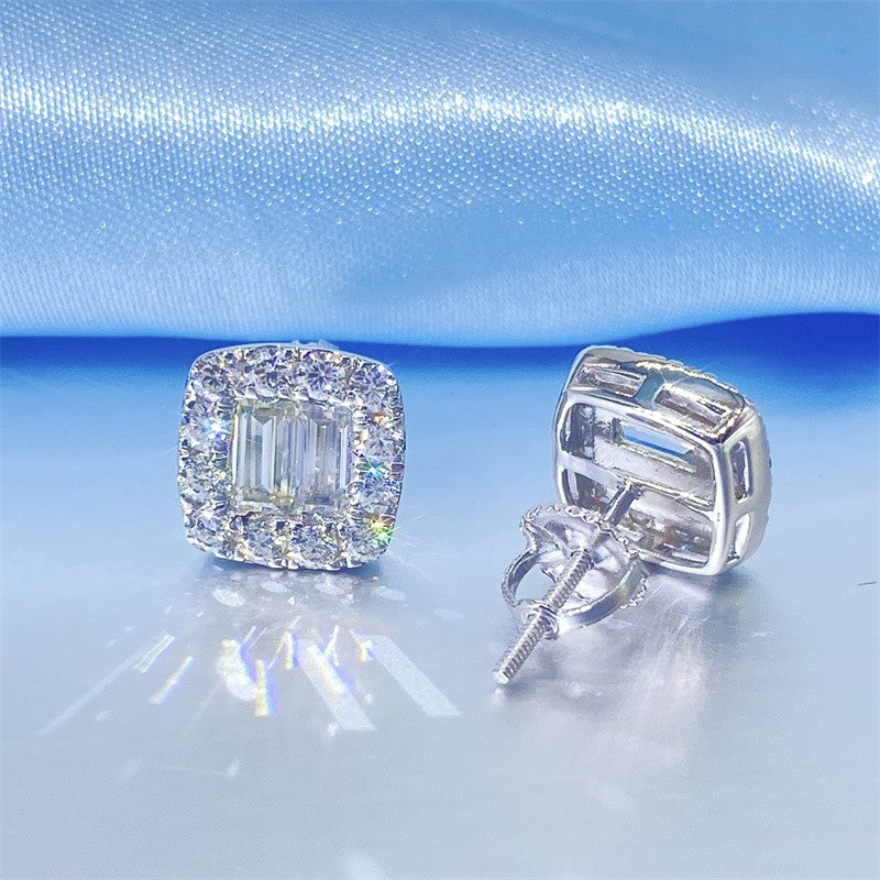 VVS Moissanite baguette Cut Halo Stud Earrings