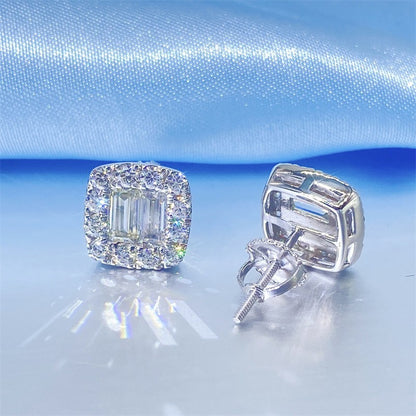 VVS Moissanite baguette Cut Halo Stud Earrings