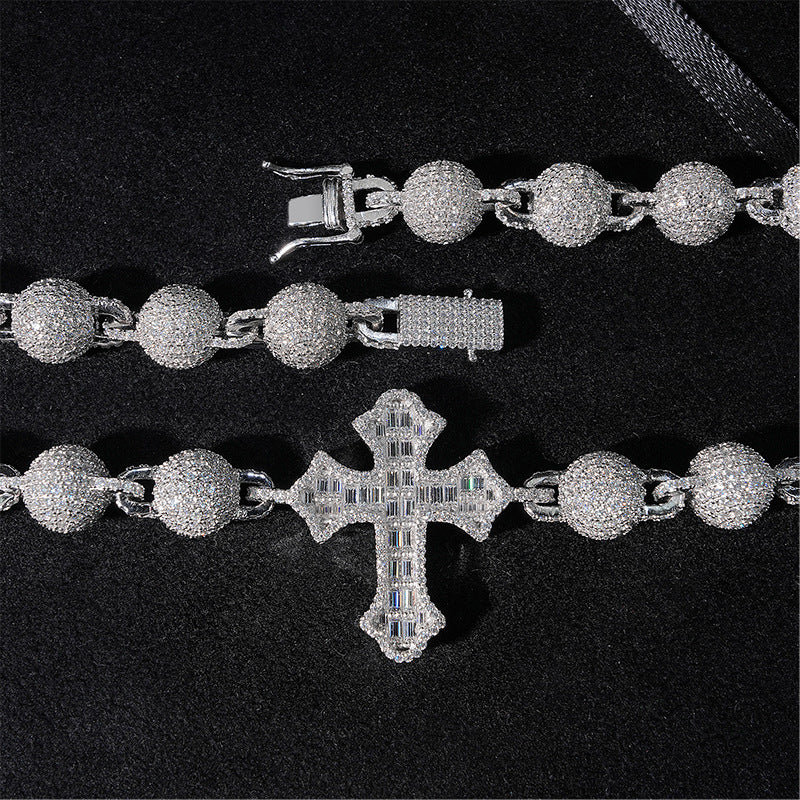 VVS MOISSANITE 10MM ICED BALL CHAIN WITH CROSS