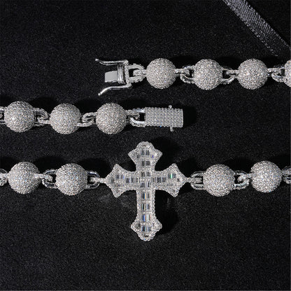 VVS MOISSANITE 10MM ICED BALL CHAIN WITH CROSS