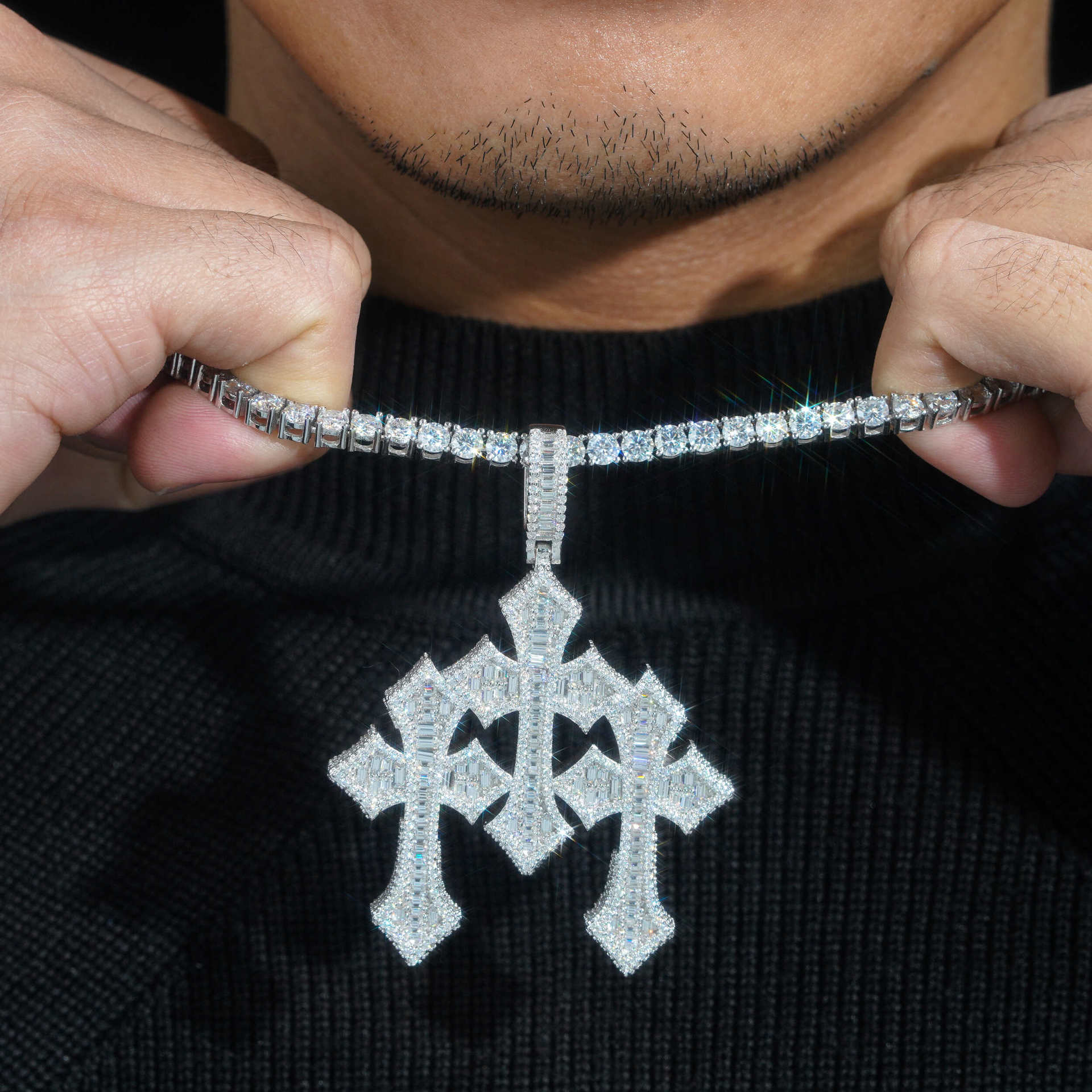 Baguette Moissanite Three Cross Pendant