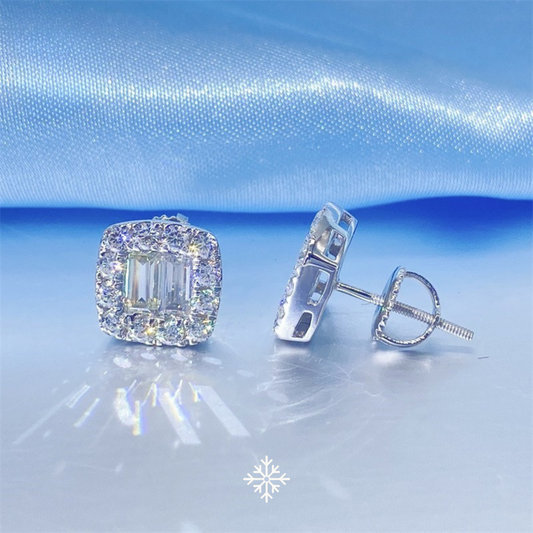 VVS Moissanite baguette Cut Halo Stud Earrings