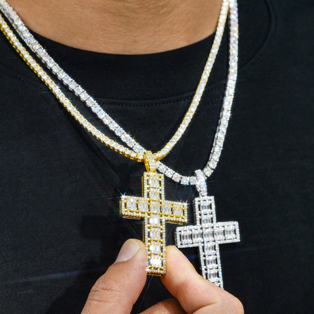 Hip Hop Iced Out Cross Baguette Diamond Pendant