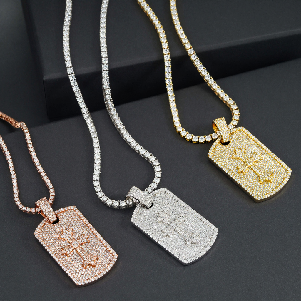 Iced Out Cross Dog Tag Moissanite Pendant 18k Gold