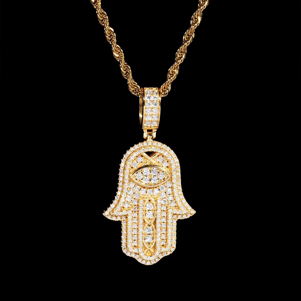 Iced Out Moissanite Evil Eye Hamsa Hand Pendant