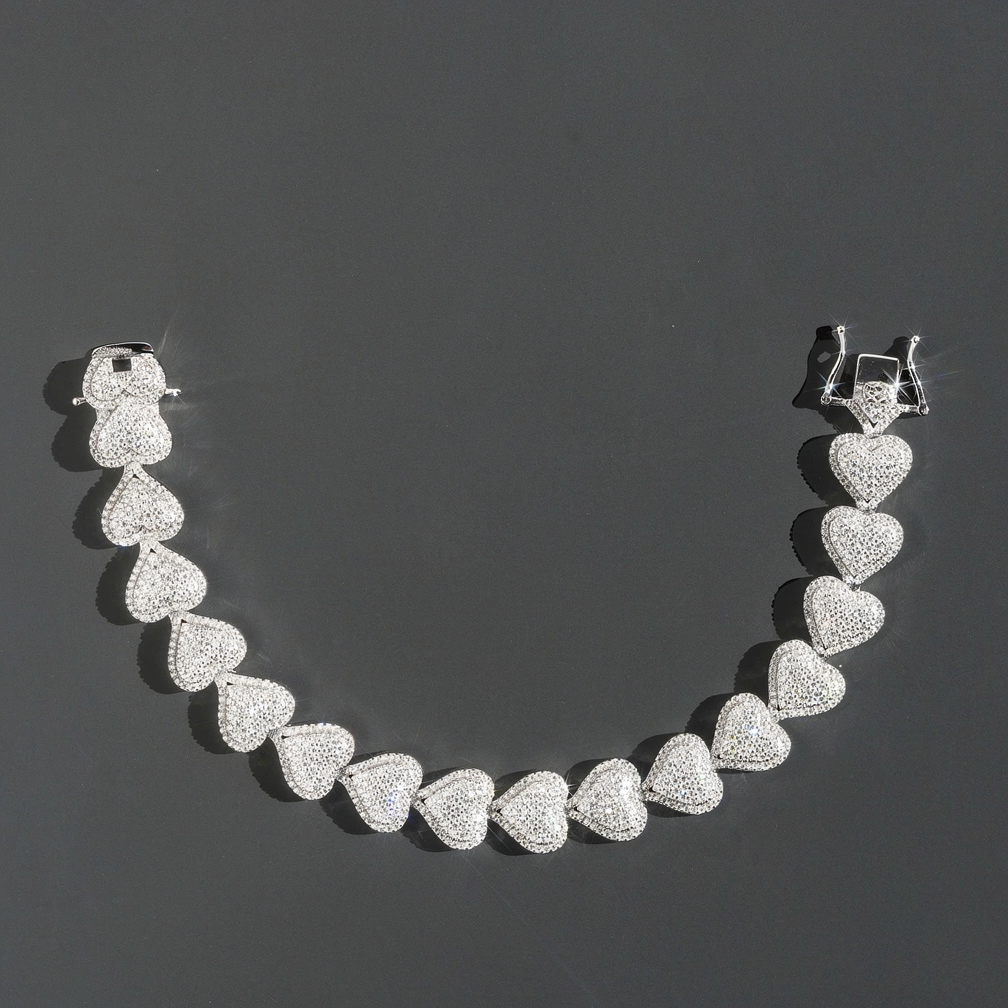 Heart Shape 13mm 925 Sterling Silver Iced Out Moissanite Cuban Link Bracelet