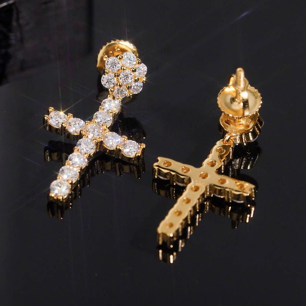 Iced Out Cross Mens Moissanite Earrings