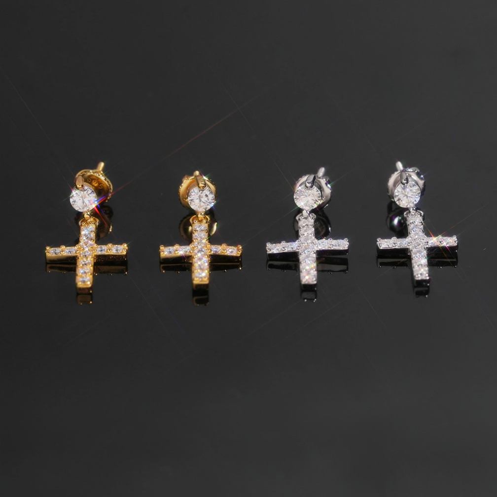 Hip Hop Moissanite Cross Drop Earrings