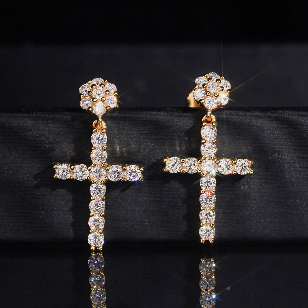 Iced Out Cross Mens Moissanite Earrings