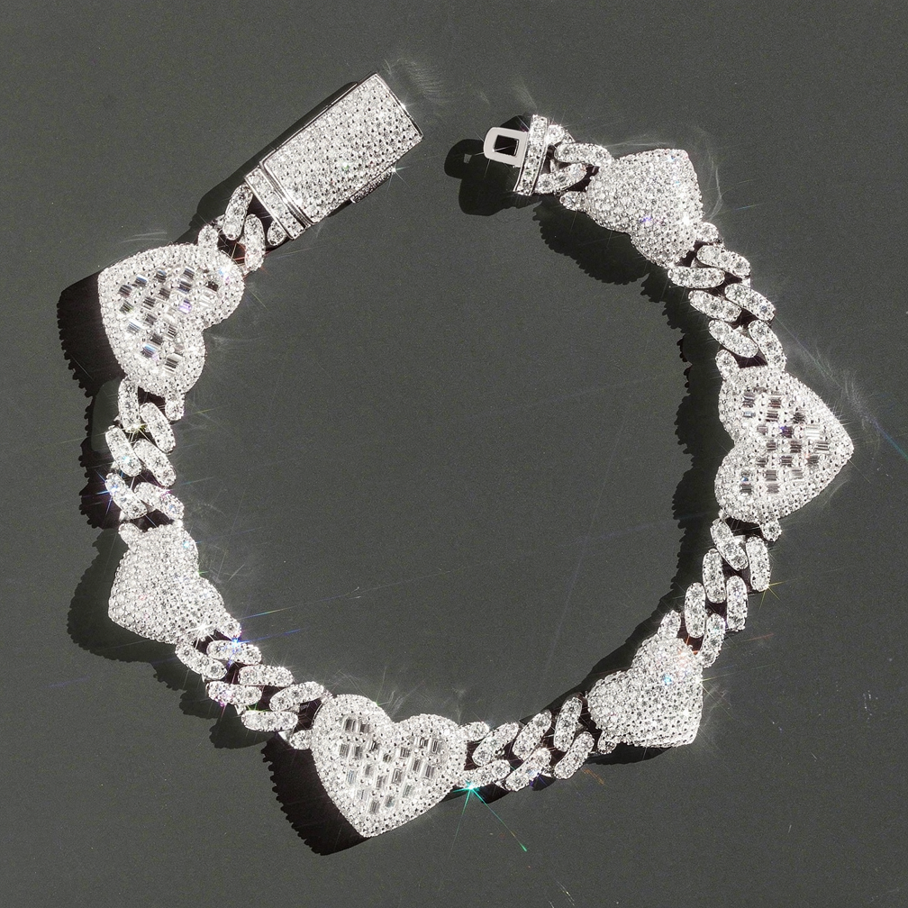 Popular Thin 8mm Baguette Heart 925 Silver Moissanite Diamond Cuban Bracelet