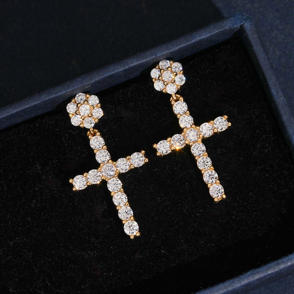 Iced Out Cross Mens Moissanite Earrings