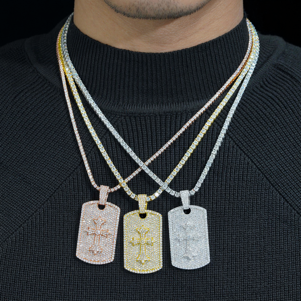 Iced Out Cross Dog Tag Moissanite Pendant 18k Gold