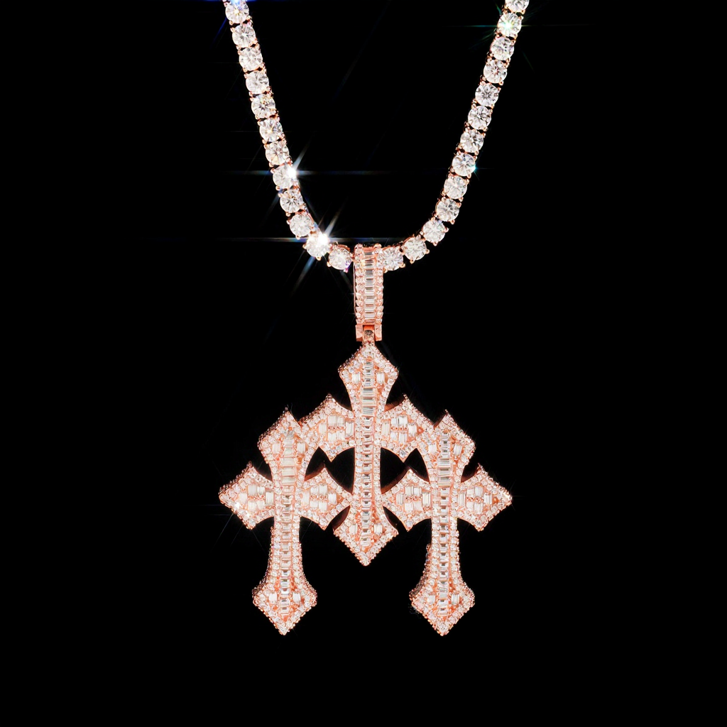 Hip Hop Three Cross Baguette Moissanite Pendant