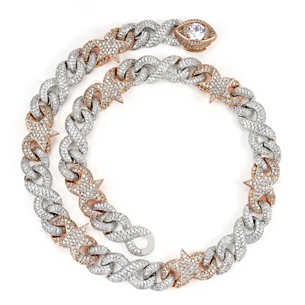 15mm Two Tone Diamond 18k Gold Plated Star Cuban Link Chain