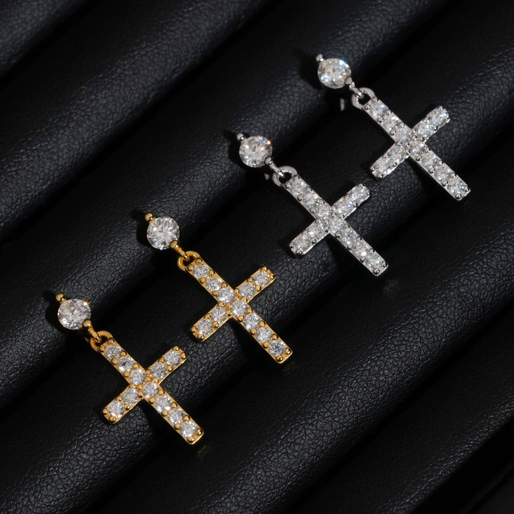 Hip Hop Moissanite Cross Drop Earrings