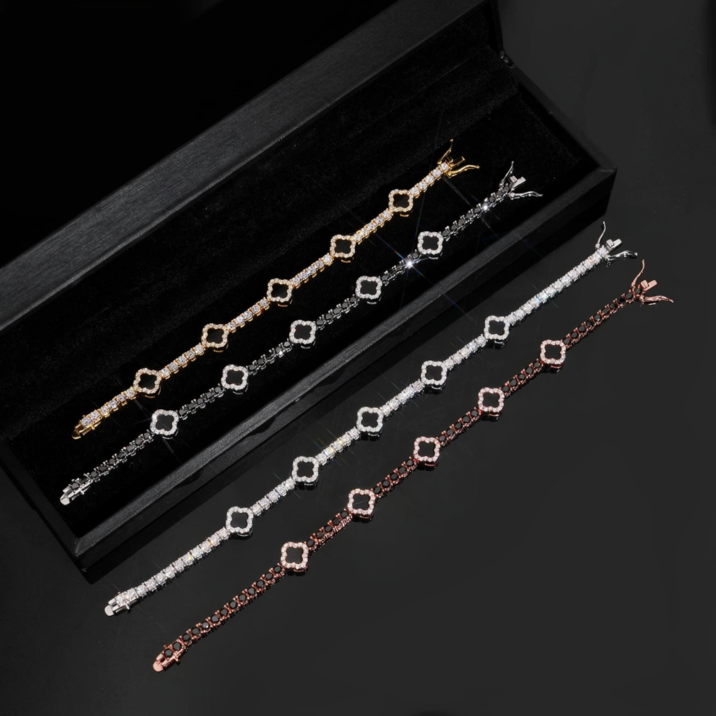 Zuanfa 3MM Black Agate Clover Tennis Bracelet