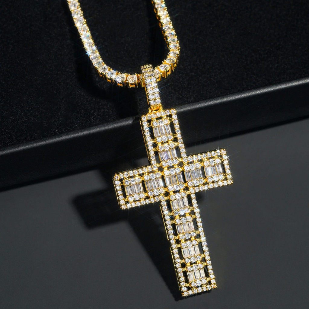 Hip Hop Iced Out Cross Baguette Diamond Pendant