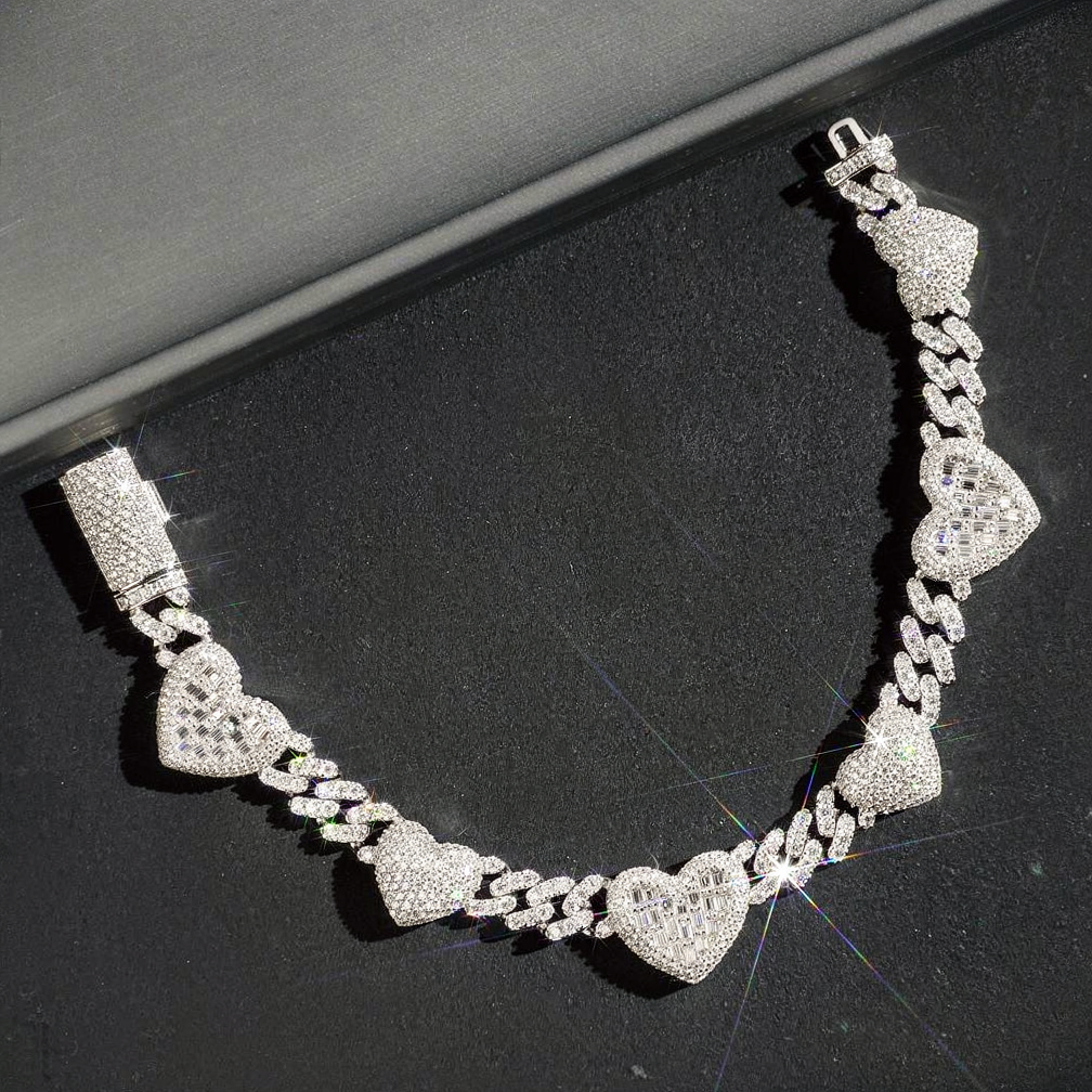 Popular Thin 8mm Baguette Heart 925 Silver Moissanite Diamond Cuban Bracelet