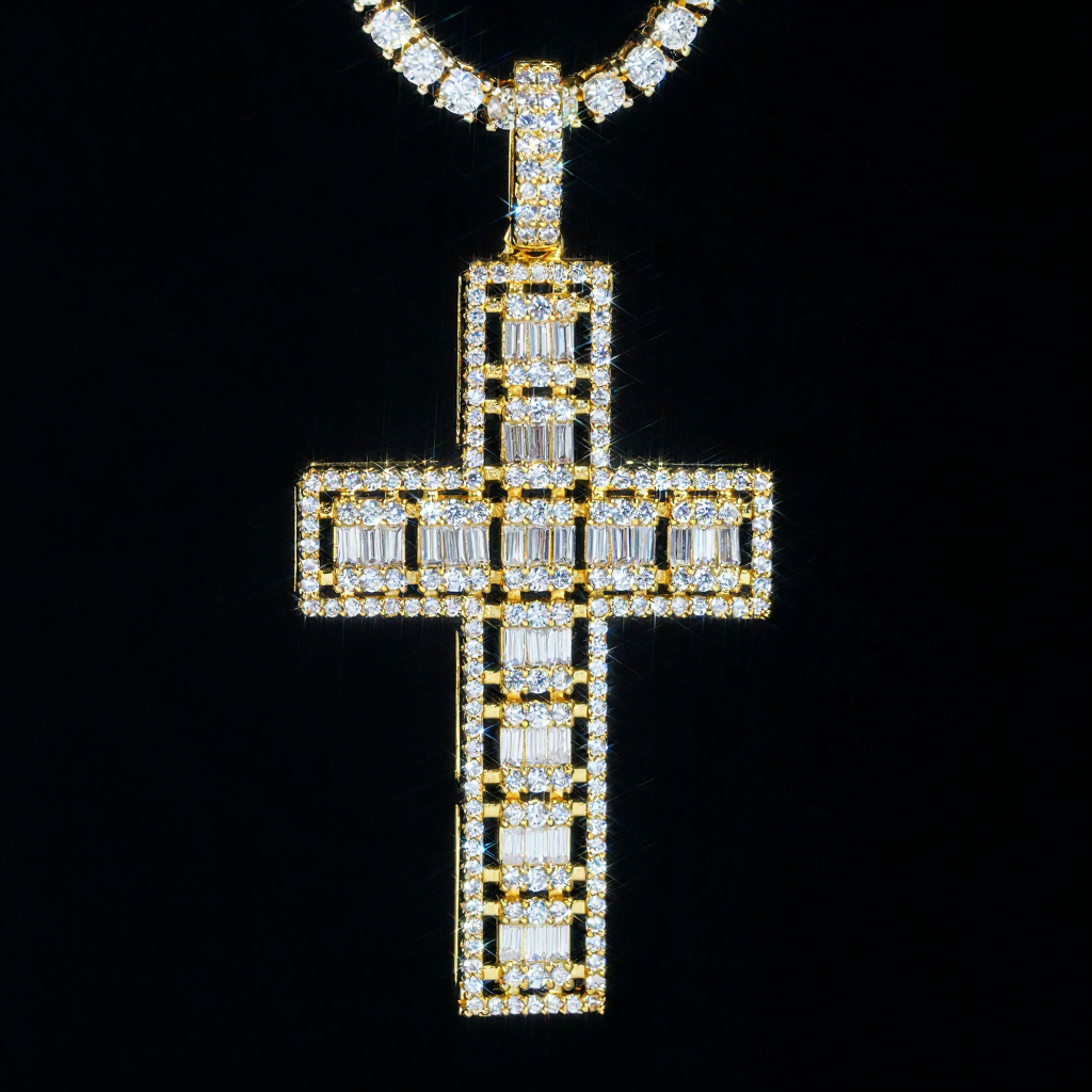 Hip Hop Iced Out Cross Baguette Diamond Pendant
