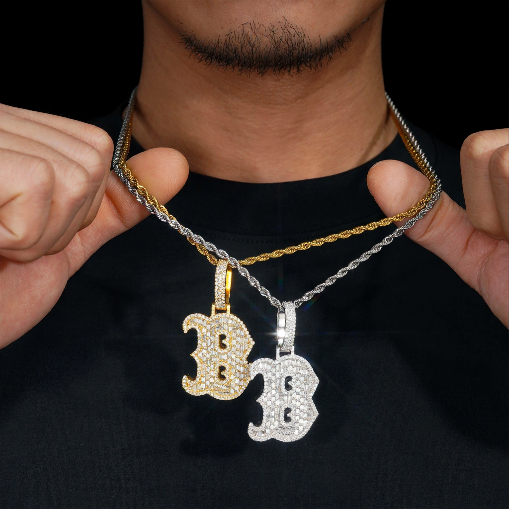 Letter B Baguette Design Moissanite Pendant 18k Gold