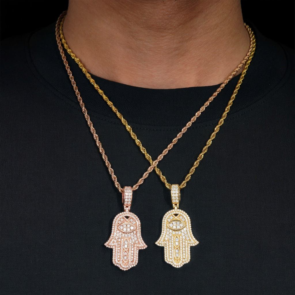 Iced Out Moissanite Evil Eye Hamsa Hand Pendant