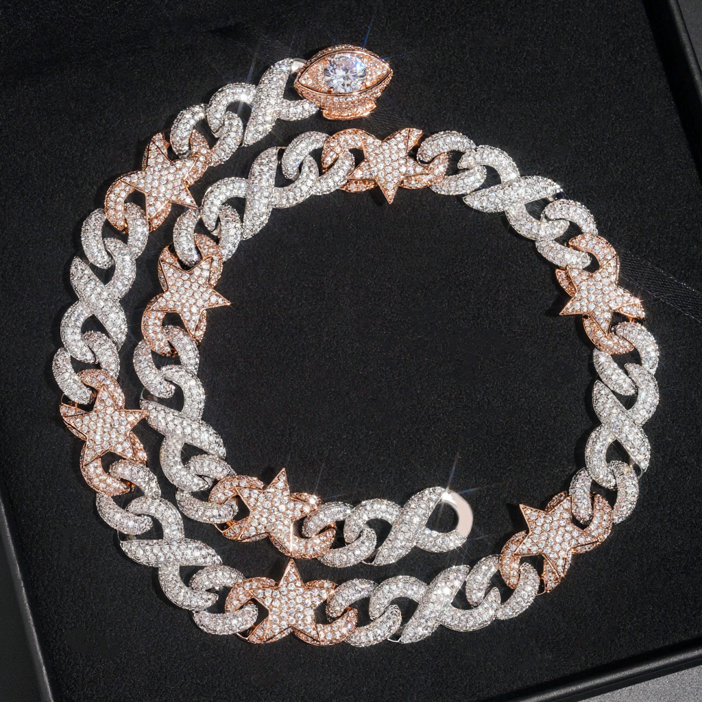 15mm Two Tone Diamond 18k Gold Plated Star Cuban Link Chain