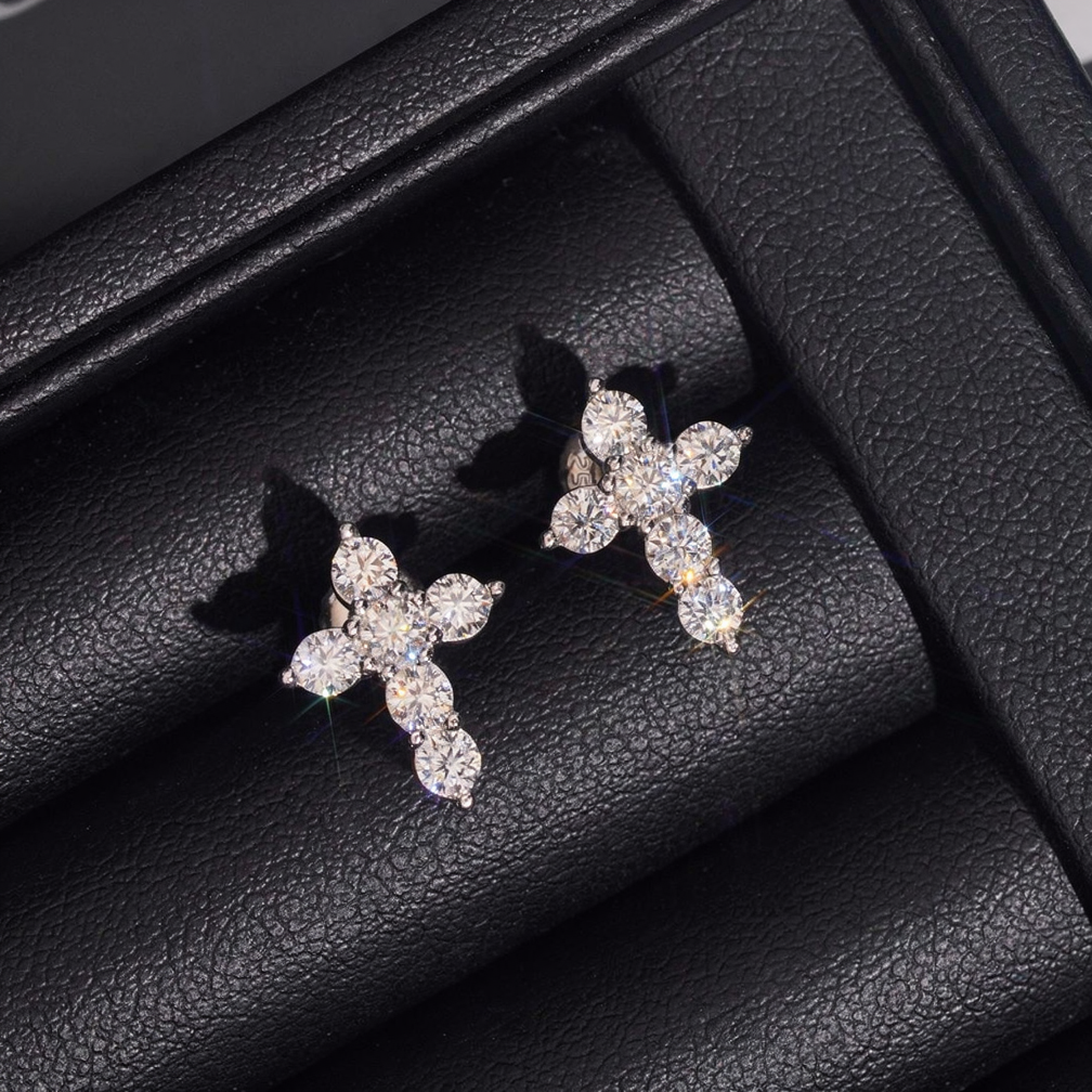 Hip Hop Style Moissanite Cross Earrings