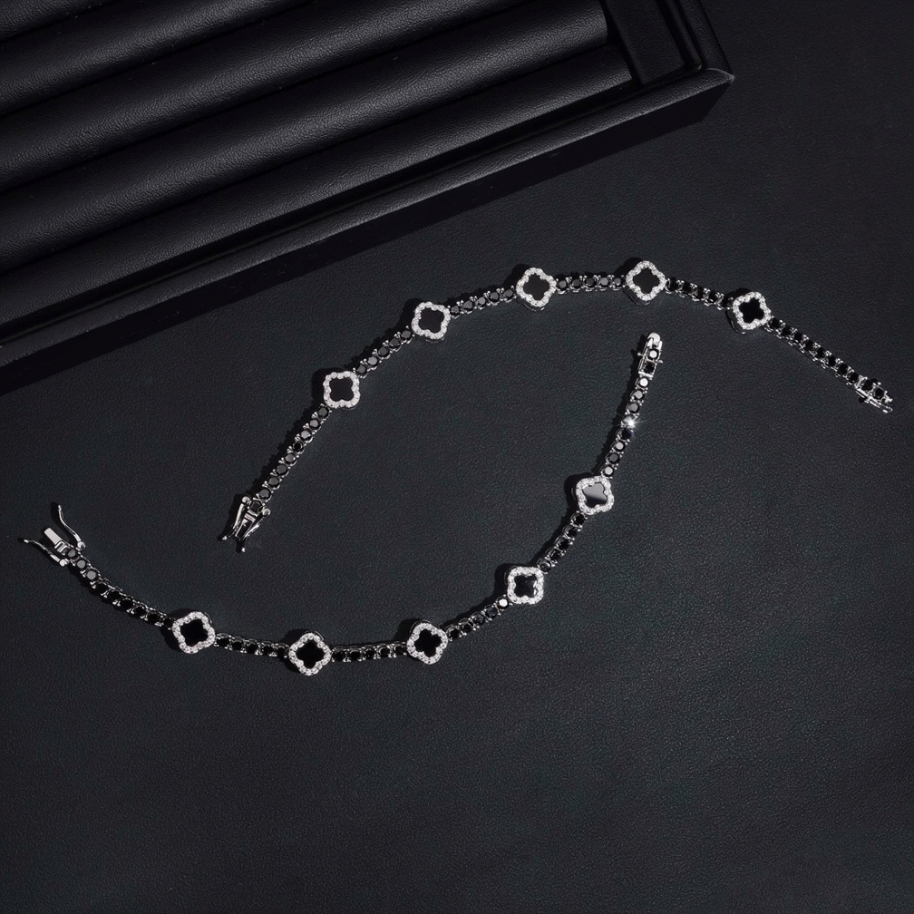 Zuanfa 3MM Black Agate Clover Tennis Bracelet