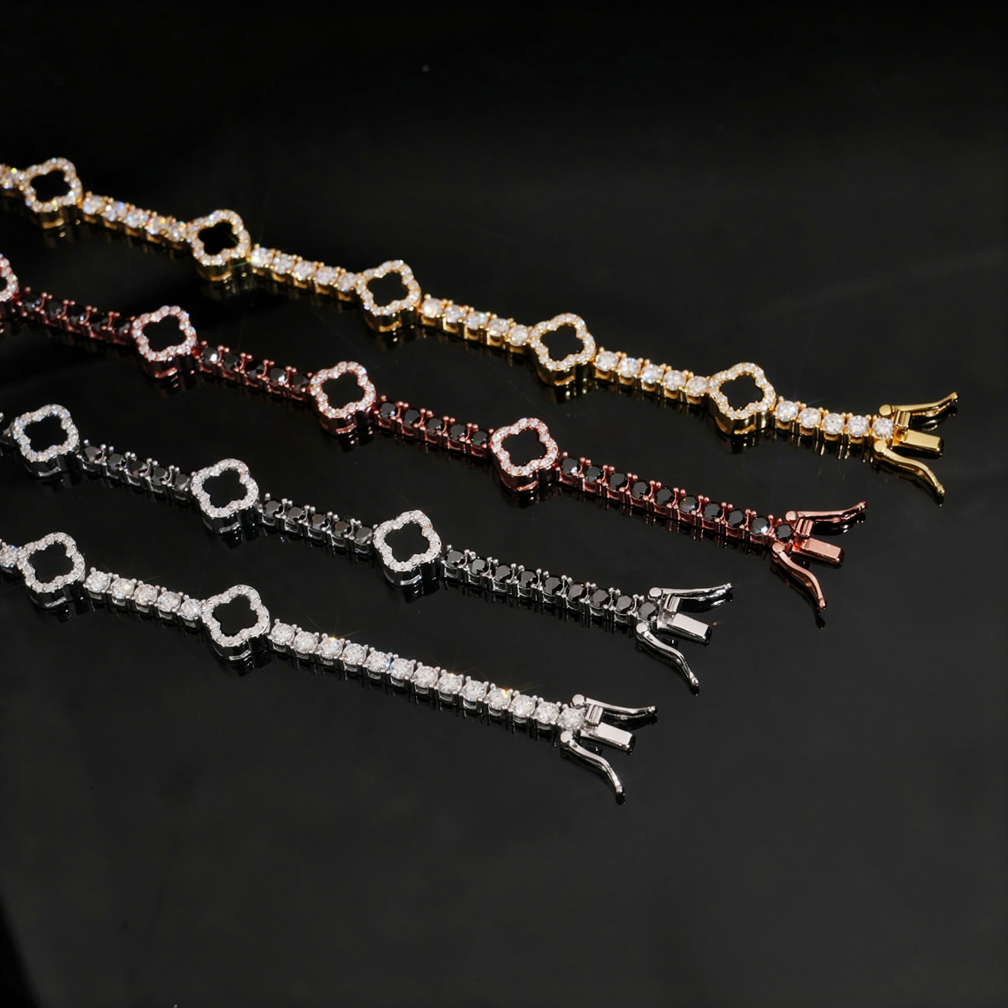 Zuanfa 3MM Black Agate Clover Tennis Bracelet