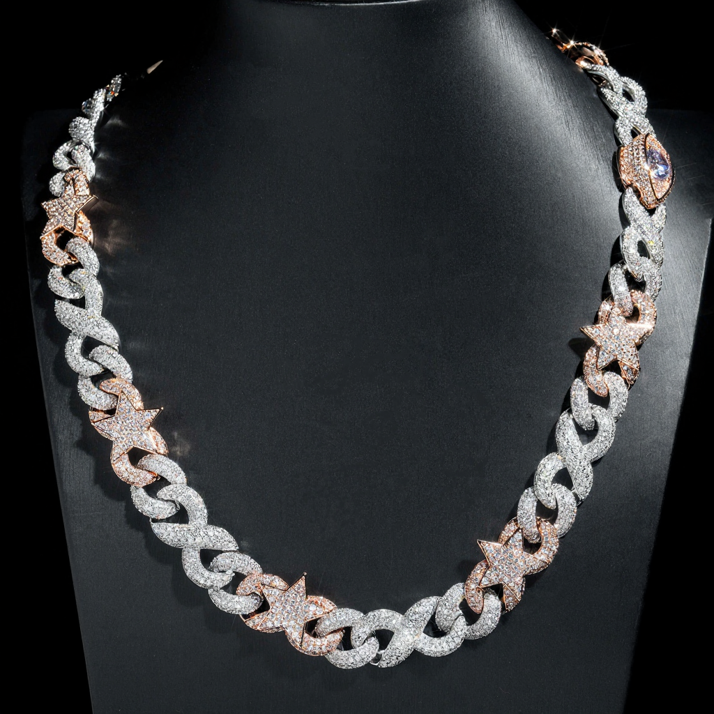 15mm Two Tone Diamond 18k Gold Plated Star Cuban Link Chain