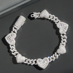 Popular Thin 8mm Baguette Heart 925 Silver Moissanite Diamond Cuban Bracelet