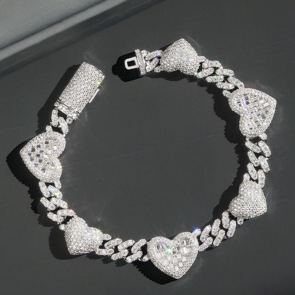 Popular Thin 8mm Baguette Heart 925 Silver Moissanite Diamond Cuban Bracelet