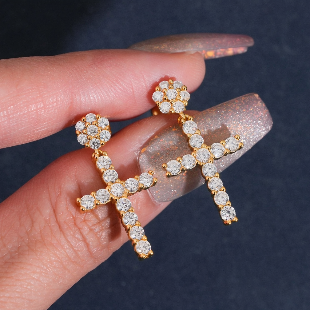 Iced Out Cross Mens Moissanite Earrings