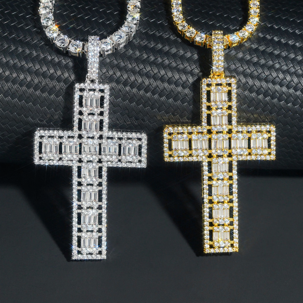 Hip Hop Iced Out Cross Baguette Diamond Pendant