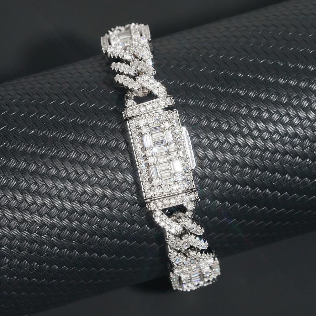 Iced Out Hip Hop 12mm Baguette Moissanite Diamond Cuban Link Bracelet
