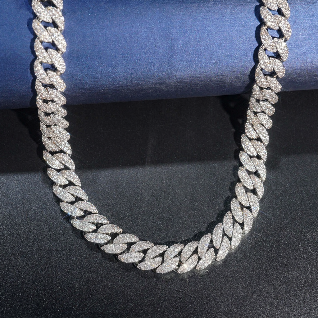 Moon Shape Two Row 12mm Moissanite Cuban Link Chain