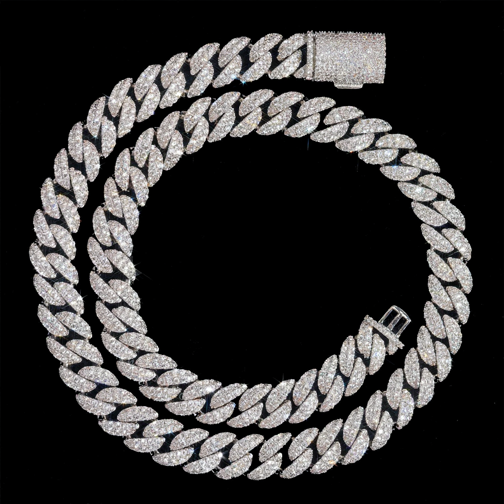 Moon Shape Two Row 12mm Moissanite Cuban Link Chain