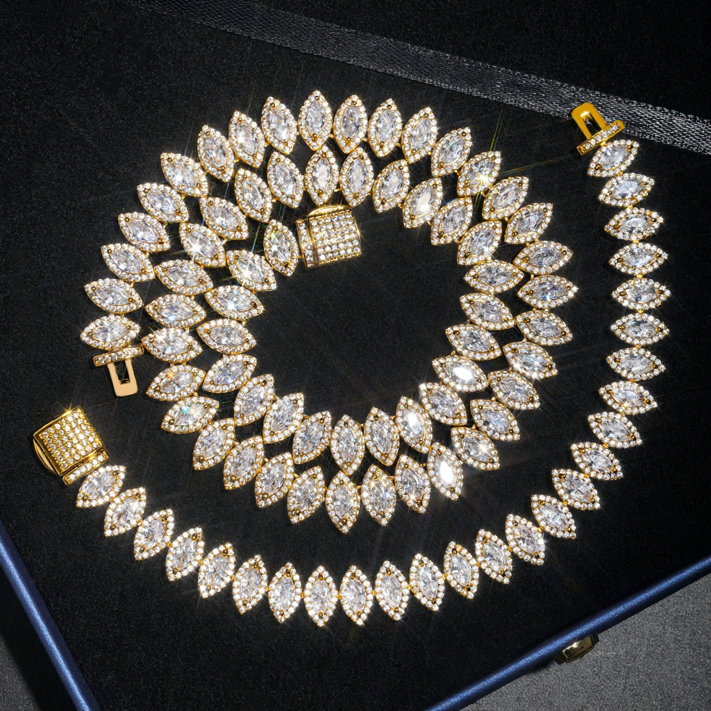 Luxury Marquise Diamond 18k Gold Plated Cuban Link Chain