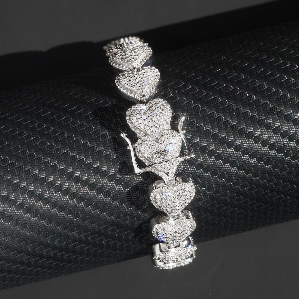 Heart Shape 13mm 925 Sterling Silver Iced Out Moissanite Cuban Link Bracelet